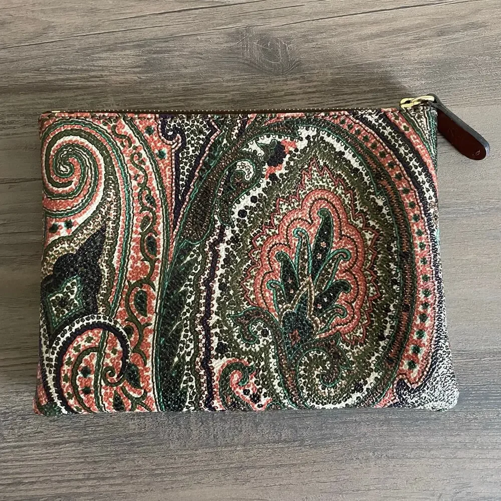 ETRO Paisley Coated Canvas Zip Pouch Clutch Multicolor Leather Trim Italy